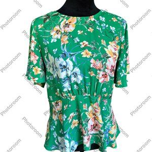 Loft Green Floral Size 4 Flutter Sleeve Peplum Rear Zip Blouse